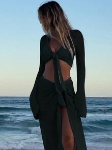 Women's Vacation Solid Color Long Sleeve Cropped Top & Tied Waist Mini Skirt Set Summer - Black - View 4