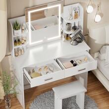 VOWNER Makeup Vanity Desk With Outlet, LED Lighted Mirror Brightness & Color Adjustable, 4 Shelves, 2 Drawers And Stool, For Girls Women - 白色 - 查看 3
