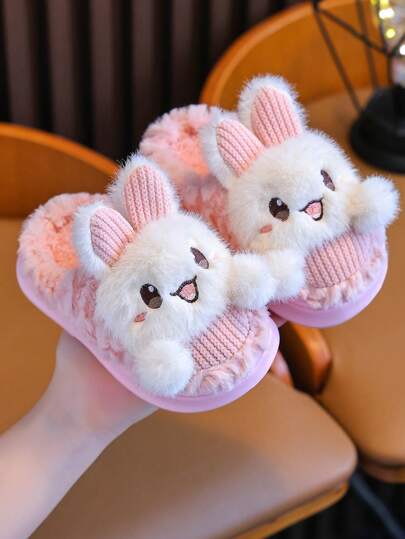 1pair Girls Rabbit Design Soft Indoor House Slippers, Lightweight & Warm, Pink Color, Suitable For Winter