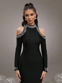 Elegante vestido largo negro de cuello alto y hombros descubiertos, con mangas adornadas con perlas y diamante de imitación, diseño entallado, adecuado para fiestas, invitados de boda - Negro - Ver 9
