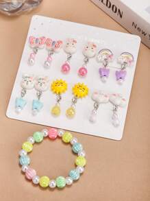 13PCS Girls Color Clip-On Earring Bracelet Accessory Set, Cute Cartoon Butterfly Mermaid Shell Pretend Princess Jewelry No Earring Earring Game Earring Earring Earring Pad, Suitable For Birthday Party Gifts And Daily Use