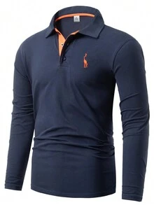 男士休闲拼色 V 领长袖 POLO 衫 - 藏蓝色 - 查看 2