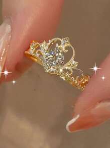 rundraw 2pcs Set Luxury Fashion Copper Gold Color Cubic Zirconia Crown & V-Shaped Geometric Rings, Couples Rings For Parties, Suitable For Daily Wear - Gold - View 3