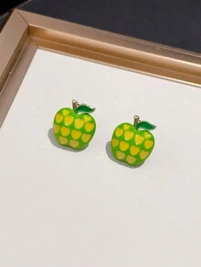 1 对黄色和绿色对比心形苹果形彩色耳环，适合日常女士首饰 - 蘋果 - 查看 7