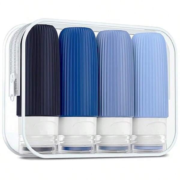 4 Stücke Set TSA zugelassene 60ml Reiseflaschen, auslaufsichere nachfüllbare Reisegrößen Toilettenartikel Behälter mit Kosmetiktasche, unerlässlich für Reisesaison und Kreuzfahrt