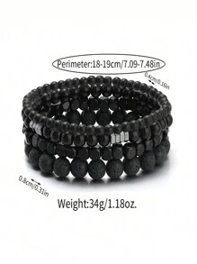 4Pcs/Set Volcanic Stone Wood Beads Multi-Layer Men's Bracelet Combination Set Elastic Bracelet