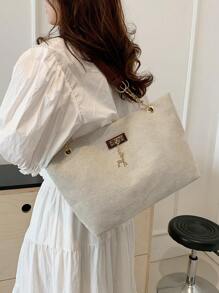 新款手提包，带时尚金属鹿装饰，大容量手提包，带链条肩带，双手柄休闲手提单肩包，女士时尚手提包 - 米色 - 查看 3