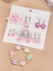 13PCS Girls Color Clip-On Earring Bracelet Accessory Set, Cute Cartoon Butterfly Mermaid Shell Pretend Princess Jewelry No Earring Earring Game Earring Earring Earring Pad, Suitable For Birthday Party Gifts And Daily Use