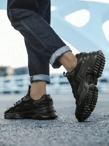 Women's Casual Sports Shoes, Spring & Autumn New Lace-Up Low-Top Leather & Mesh Contrast Breathable Lightweight Unisex Chunky Sneakers, Fashionable Chunky Sole Anti-Skid Wear-Resistant Casual Outdoor Walking Travel Leisure Couple Sneakers Midtop Leather Shoes, Waterproof Sporty Small White Shoes - Black - View 7