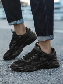 Women's Casual Sports Shoes, Spring & Autumn New Lace-Up Low-Top Leather & Mesh Contrast Breathable Lightweight Unisex Chunky Sneakers, Fashionable Chunky Sole Anti-Skid Wear-Resistant Casual Outdoor Walking Travel Leisure Couple Sneakers Midtop Leather Shoes, Waterproof Sporty Small White Shoes - Black - View 6