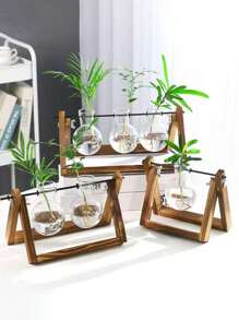 1pc Creative Wooden Frame Glass Planter, With Wooden Stand, For Indoor Hydroponic Plant, Home/Office/Garden Decor, Gift For Plant Lovers