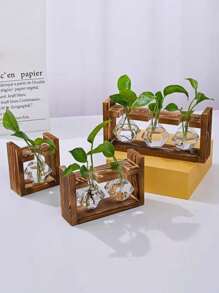 1pc Creative Wooden Frame Glass Planter, With Wooden Stand, For Indoor Hydroponic Plant, Home/Office/Garden Decor, Gift For Plant Lovers