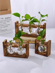 1pc Creative Wooden Frame Glass Planter, With Wooden Stand, For Indoor Hydroponic Plant, Home/Office/Garden Decor, Gift For Plant Lovers