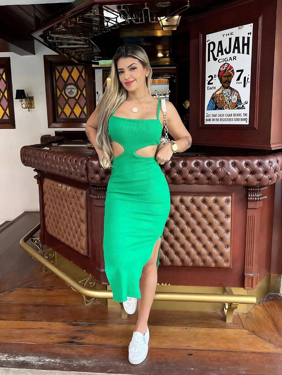 JM STORE ANA RUGA Elegant Midi Dress Hollow Out Slit On The Leg Long Women's Dress - 綠色 - 查看 1