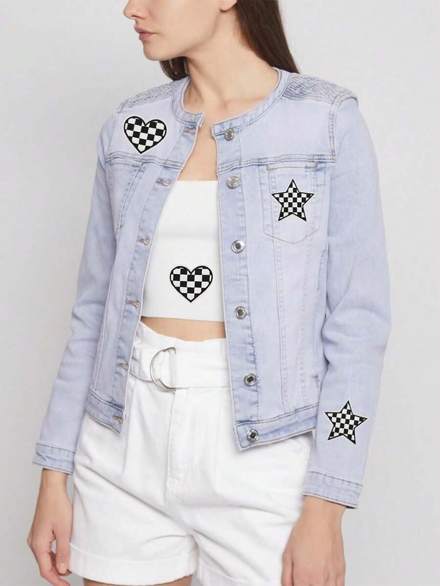 8 件格子心形和星星西部熨烫刺绣套装，包含 4 个心形补丁和 4 个星星补丁，黑白刺绣缝制补丁贴花装饰，适用于牛仔裤、帽子 - 彩色 - 查看 1