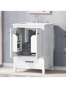 24" Bathroom Vanity With Sink, Bathroom Vanity Cabinet With One Drawer And Doors, Solid Wood And MDF, White - 1 - 查看 3