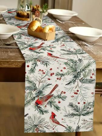 1pc Christmas Pine Leaf & Bird Pattern Decorative Table Runner, Indoor/Outdoor Christmas Home Kitchen Party Decor