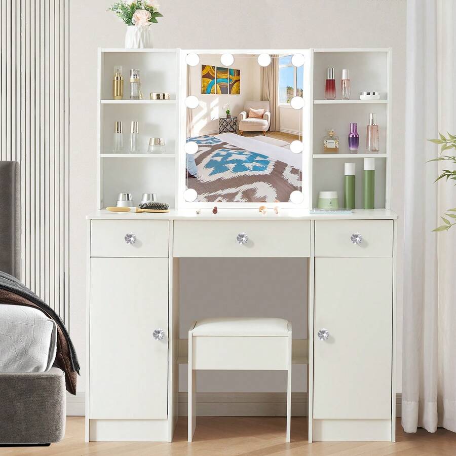 Holiday Specials Großes Schminktisch-Set Mit LED-Beleuchteten Spiegeln, Schubladen Und Hockern - 10個LED燈泡型號 - 查看 1