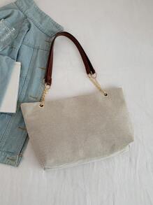 新款手提包，带时尚金属鹿装饰，大容量手提包，带链条肩带，双手柄休闲手提单肩包，女士时尚手提包 - 米色 - 查看 7