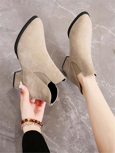 Plus Size Women's Autumn Winter Fashion Pointed Toe Chunky Heel Ankle Boots, Solid Color Suede Elastic Band Slip-On Mid Heel Booties