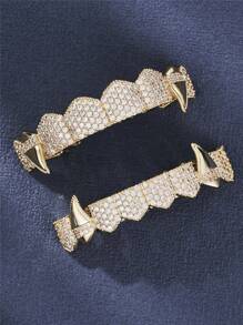 AINTTBY 1 pieza/2 piezas Dientes Grillz de cobre chapado en oro brillante estilo hip hop callejero personalizado, colmillos de vampiro para uso diario, Halloween y fiestas, unisex