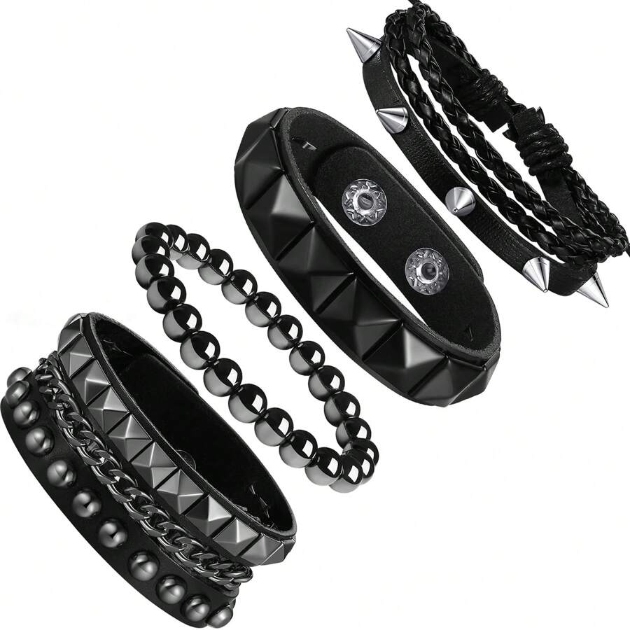 Xiacheng 4Pcs Punk Bracelets For Men Women Leather Spike Bracelet Metal Cuff Bracelet Set Emo Bracelet Adjustable Rock Bracelet