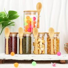 3/4/8 tarros de vidrio con tapas selladas, tarros de caramelos con cucharas, recipientes de almacenamiento de alimentos con tapas de bambú, tarros transparentes, para té, café, especias, dulces, utensilios de cocina, accesorios de cocina, artículos para fiestas - 3 tarros de condimentos de 8 oz. - Ver 6