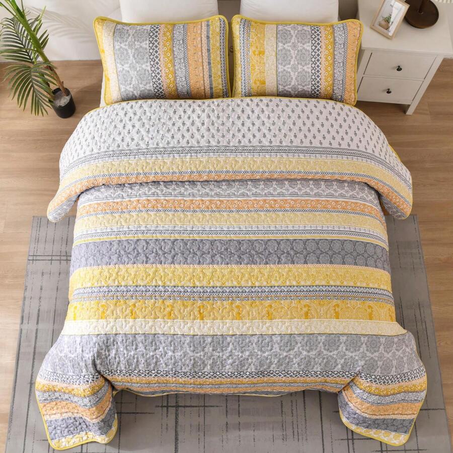 3 Pieces Boho Quilt Set Queen King Size, Yellow Bohemian Quilt Sets, Lightweight Summer Bedspread Coverlet Bedding Set For All Season,Home Decor Bedroom Decor Mothers Day Gift Wedding Decorations - Màu vàng - Xem 1