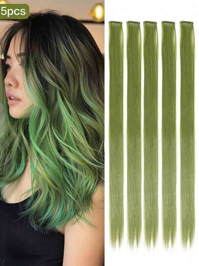 5个彩色接发夹，可固定在20英寸直发合成假发上，时尚配饰，适合万圣节、圣诞节、新年派对，女孩礼物（翠绿色）
