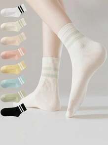 5 pares de calcetines de tripulación hasta el tobillo transpirables a rayas de color macaron para mujeres, surtido aleatorio