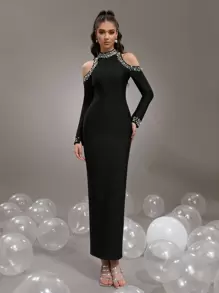 Elegante vestido largo negro de cuello alto y hombros descubiertos, con mangas adornadas con perlas y diamante de imitación, diseño entallado, adecuado para fiestas, invitados de boda - Negro - Ver 4