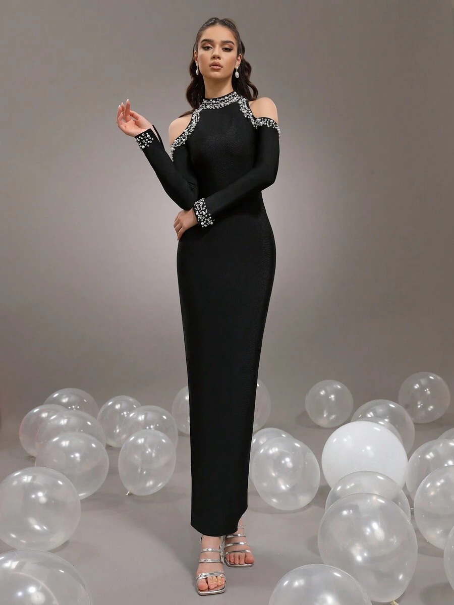 Elegante vestido largo negro de cuello alto y hombros descubiertos, con mangas adornadas con perlas y diamante de imitación, diseño entallado, adecuado para fiestas, invitados de boda - Negro - Ver 1