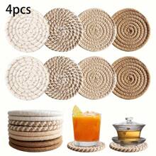 4pcs/8pcs Woven Drink Coasters, Round Absorbent Beverage Cup Mats, Handmade Fabric Coasters, Absorbent Coaster Set With Tray, Bohemian Style (Excluding Rack)