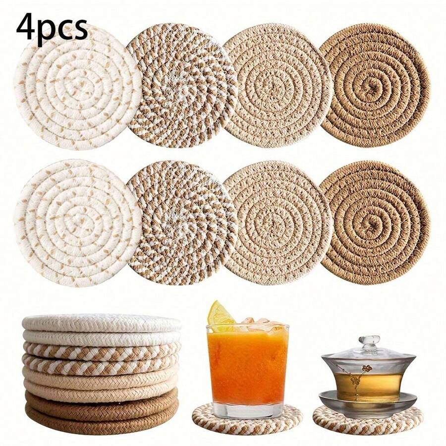 4pcs/8pcs Woven Drink Coasters, Round Absorbent Beverage Cup Mats, Handmade Fabric Coasters, Absorbent Coaster Set With Tray, Bohemian Style (Excluding Rack)