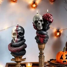 3D Demon Holding Rose Floral Candle Silicone Mold, Skull Flower Plaster Mold, Snake Wrapped Human Skull Handmade Soap DIY Mold, Halloween Party Decor, Halloween Gift - White - View 6