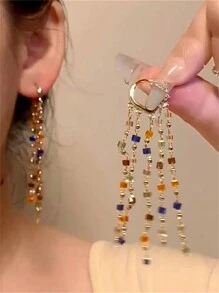 CHOSHILAR 1 Cặp bông tai tua rua hạt đá tự nhiên nhiều màu không đối xứng dành cho nữ, phong cách Bohemian cổ điển, thời trang và đa năng, thích hợp cho hàng ngày, tiệc tùng, ngày lễ, quà tặng cho mẹ, con gái, bạn bè, đám cưới - nhiều màu - Xem 2