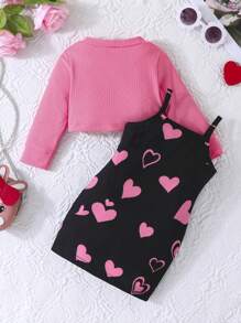 2 件装女婴甜美优雅春秋套装 - 心形眼镜、蝴蝶结、猫咪图案吊带连衣裙和不对称短上衣 - 粉色 - 查看 7