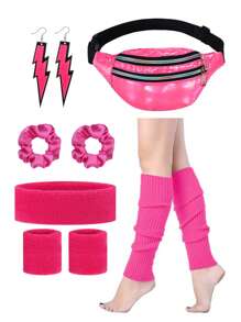 Forever & Moment 7 món phụ kiện hóa trang neon thập niên 80 cho nữ Bộ giữ ấm chân Vòng đeo tay Hoa tai tia chớp Vòng tóc Túi đeo hông Băng đô Yoga Thể thao Chạy bộ Đồ trang trí Halloween Quà tặng - nhiều màu - Xem 7