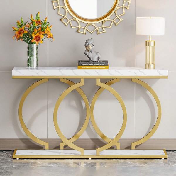 Tribesigns Tribesigns 140 cm Konsolentisch, Moderner Eingangsbereich, Flurtisch mit O-Form goldenen Metallbeinen, Faux Marmor Weiß Holz Sofatisch Foyertisch für Wohnzimmer, Weiß und Gold