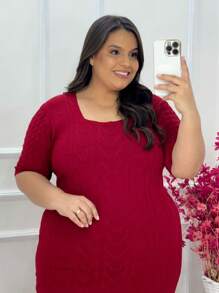 Plus Size Knitted Midi Dress Women's Fashion Oversized Comfortable Braid - Đỏ - Xem 3