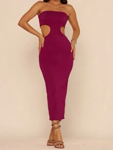 Women's Strapless Ribbed Open Waist Midi Dress - 紫紅色 - 查看 3
