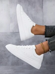 Scarpe da skate casual leggere e versatili da donna, con punta tonda bianca, traspiranti e con lacci, stile campus