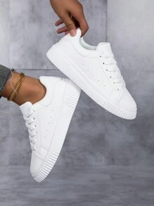 Scarpe da skate casual leggere e versatili da donna, con punta tonda bianca, traspiranti e con lacci, stile campus