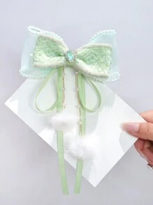 1pc Pearl Edge Ribbon Bowknot Hair Clip With Tassel - Green - View 2
