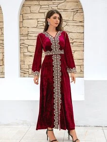 复古风格女士开衩长袖连衣裙，奢华刺绣金丝绒长裙，秋冬