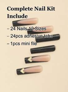 24 piezas de uñas postizas de ataúd extra largas nuevas con decoración francesa negra y destellos dorados con corazones, aptas para mascarada - Incluye 1 lima para uñas y 1 esmalte de gel para uñas de aplicación