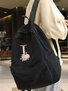 輕盈便攜粉紅色字母花印刷不分男女肩背包戶外運動背包大容量旅行徒步背包帆布袋休閒學校背包手提電腦包拉鍊組織器適用於男女青少年學生上學背包大學生理想選擇，適用於大學，商務，辦公，通勤，戶外，徒步旅行，攀登，體育場，運動會，郊遊，返校，校園背包，大容量，便攜式，適用於青少年女孩，大學生，男孩，小學，中學，高中，工作，商務，通勤，戶外，旅行，郊遊。