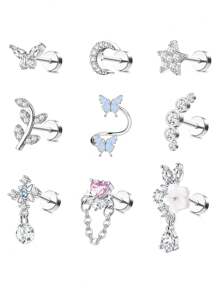 CASSIECA 1 件耳轮软骨耳环 男女款 不锈钢耳屏耳环 蝴蝶月亮星星花朵耳洞首饰 适用于耳轮软骨耳屏