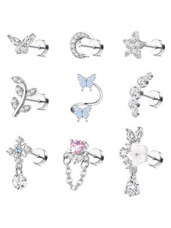 CASSIECA 1 件耳轮软骨耳环 男女款 不锈钢耳屏耳环 蝴蝶月亮星星花朵耳洞首饰 适用于耳轮软骨耳屏