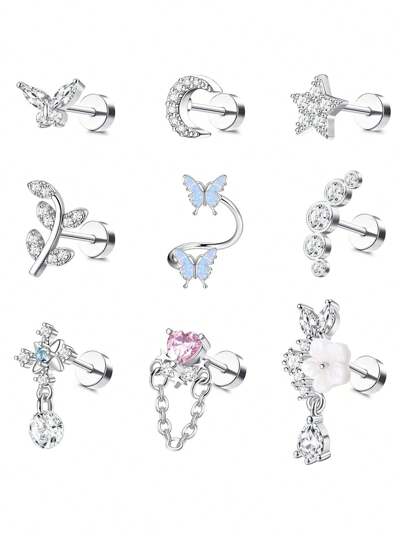 CASSIECA 1PC Bông tai sụn xoắn cho nam nữ Bông tai thép không gỉ hình bướm mặt trăng sao hoa Trang sức xỏ khuyên tai cho sụn xoắn Tragus